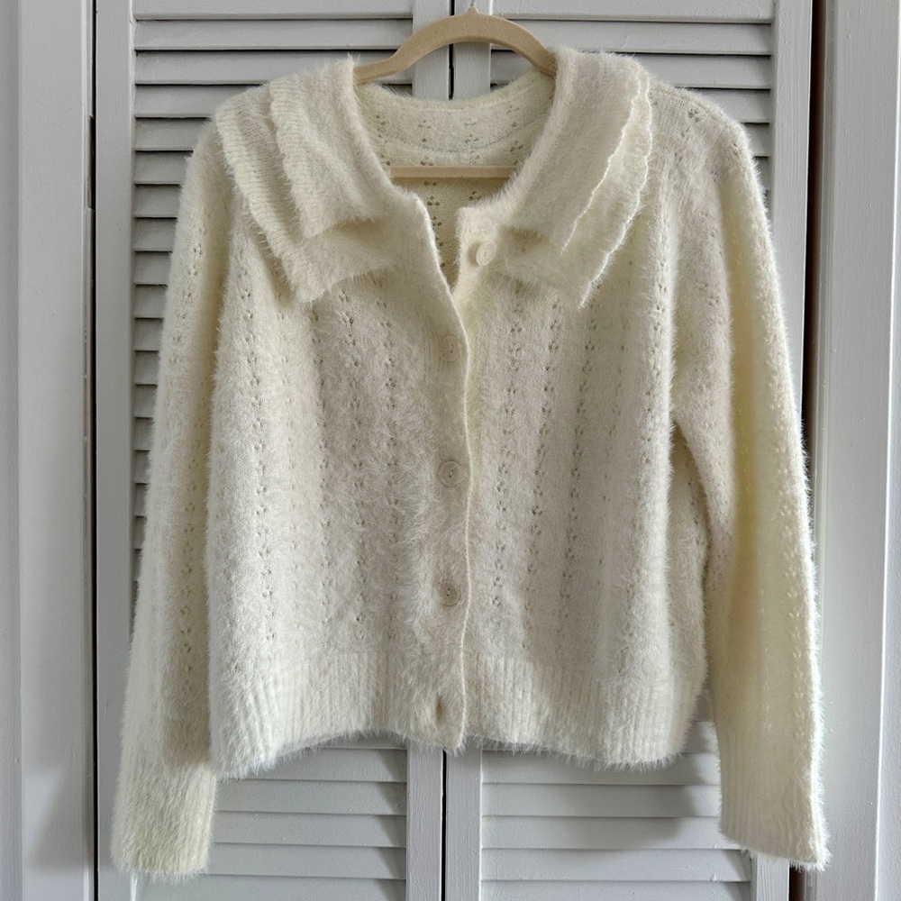 White Ruffle Collar Button-Up Sweater